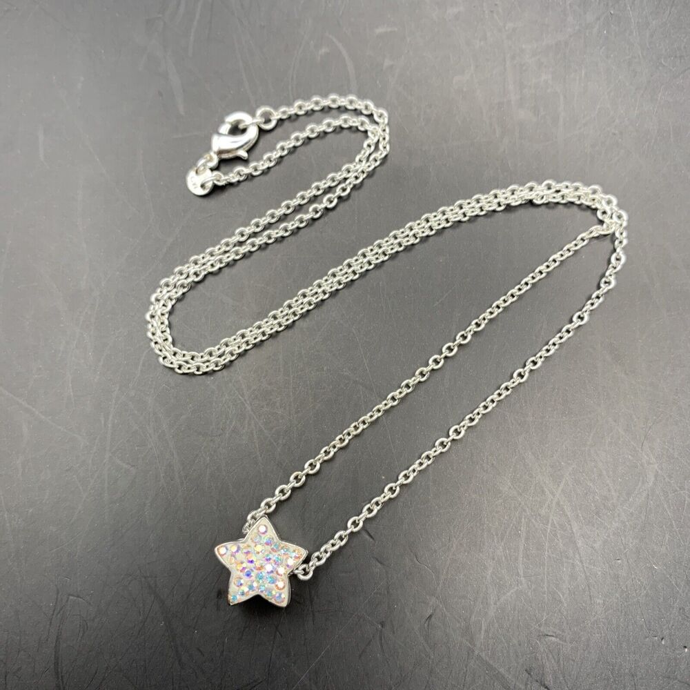 CW Star Pendant Necklace Dainty Slide Silver Tone Aurora Borealis AB Rhinestone
